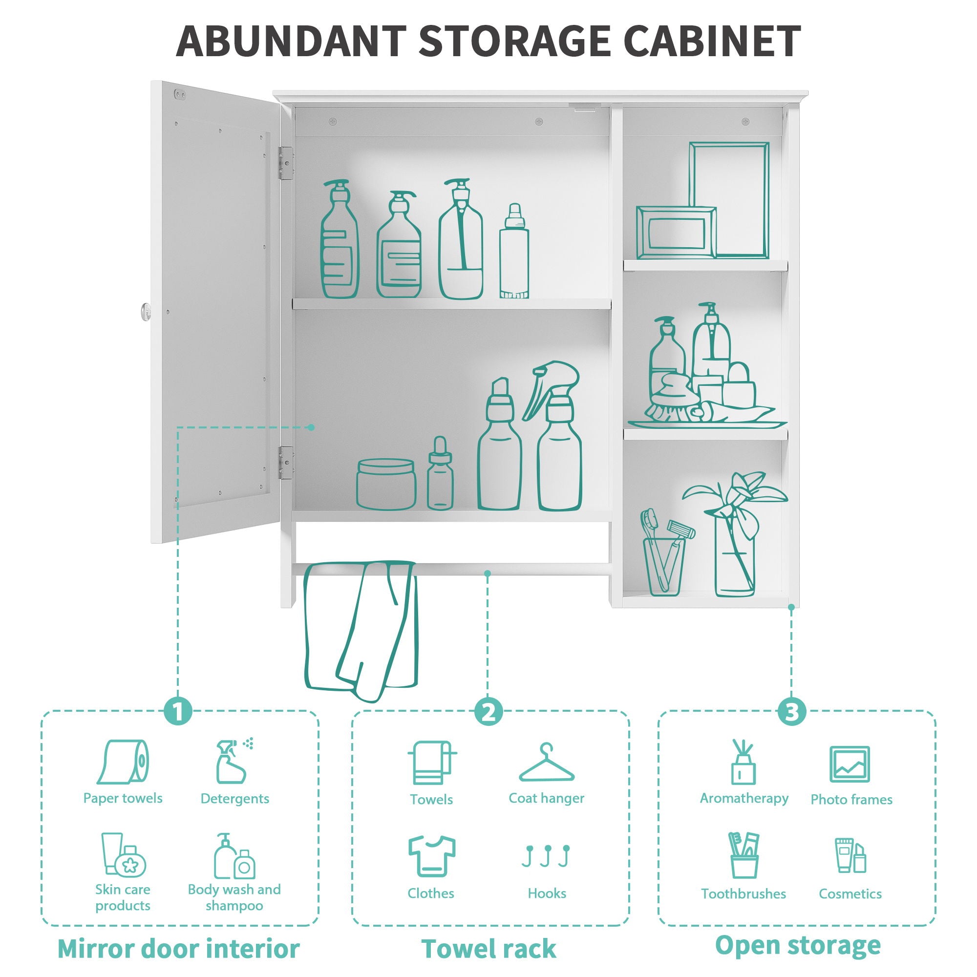 Wall Mounted Bathroom Storage Cabinet, Medicine Cabinets With Large Mirror Door, Adjustable Shelves And Three Open Storage Levels(Not Include Bathroom Vanity)