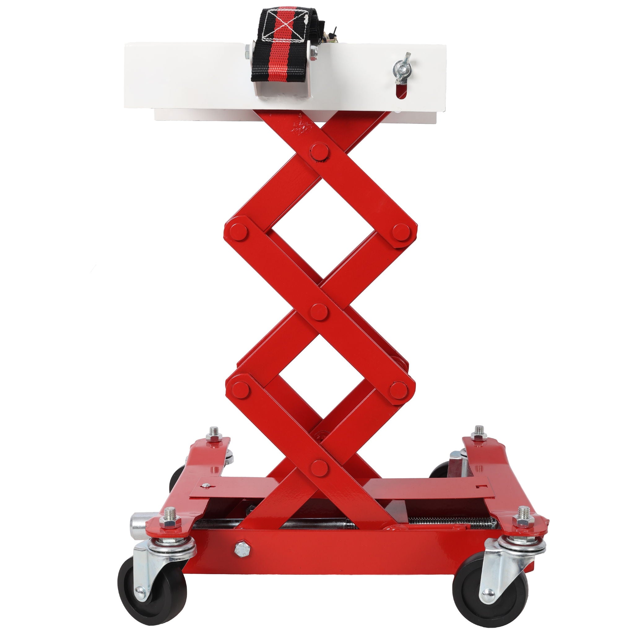 Heavy Duty Low Lift Transmission Jack With Nylon Safety Strap For Small Vehicles - Red