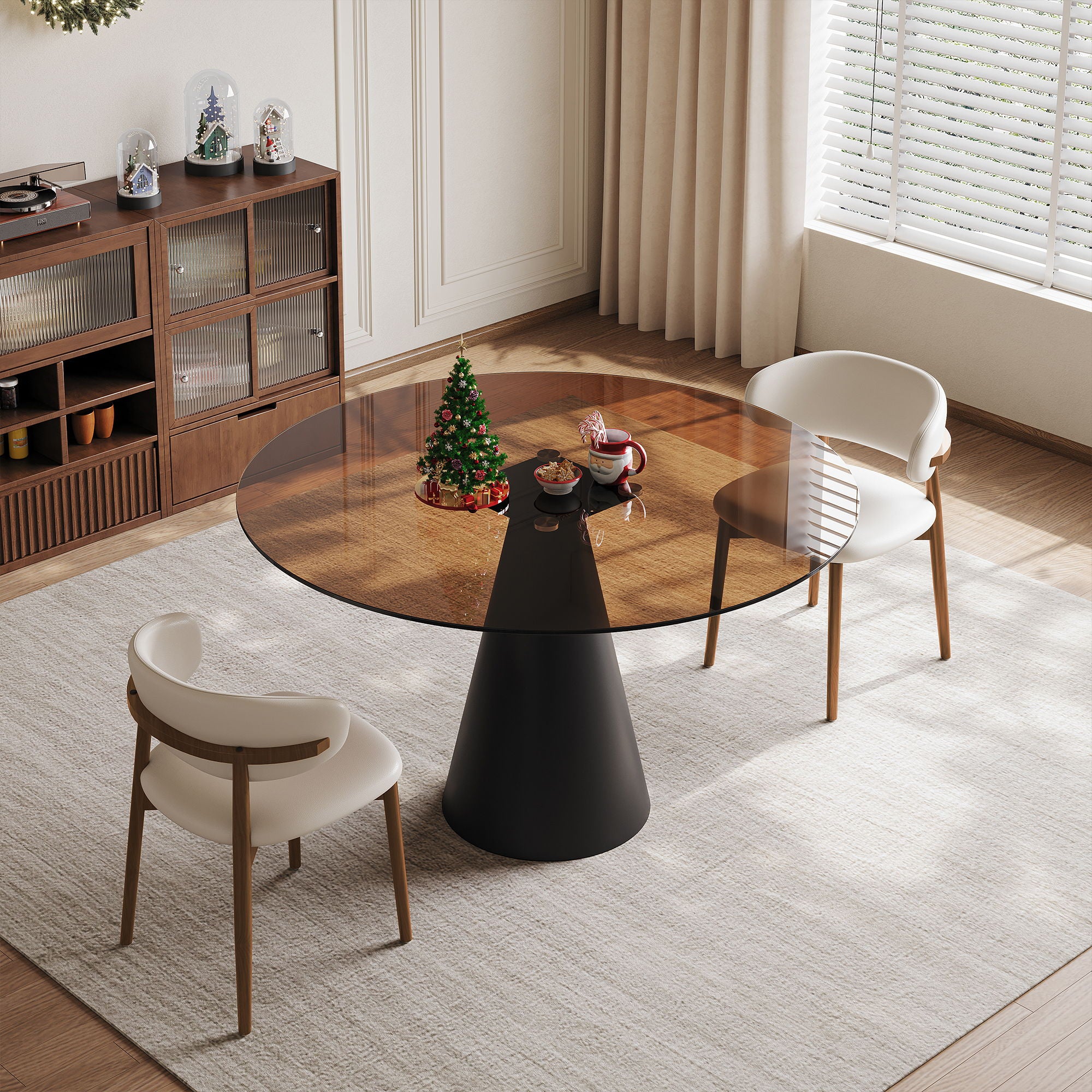 Round Dining Table & Glass Top - Black / Brown