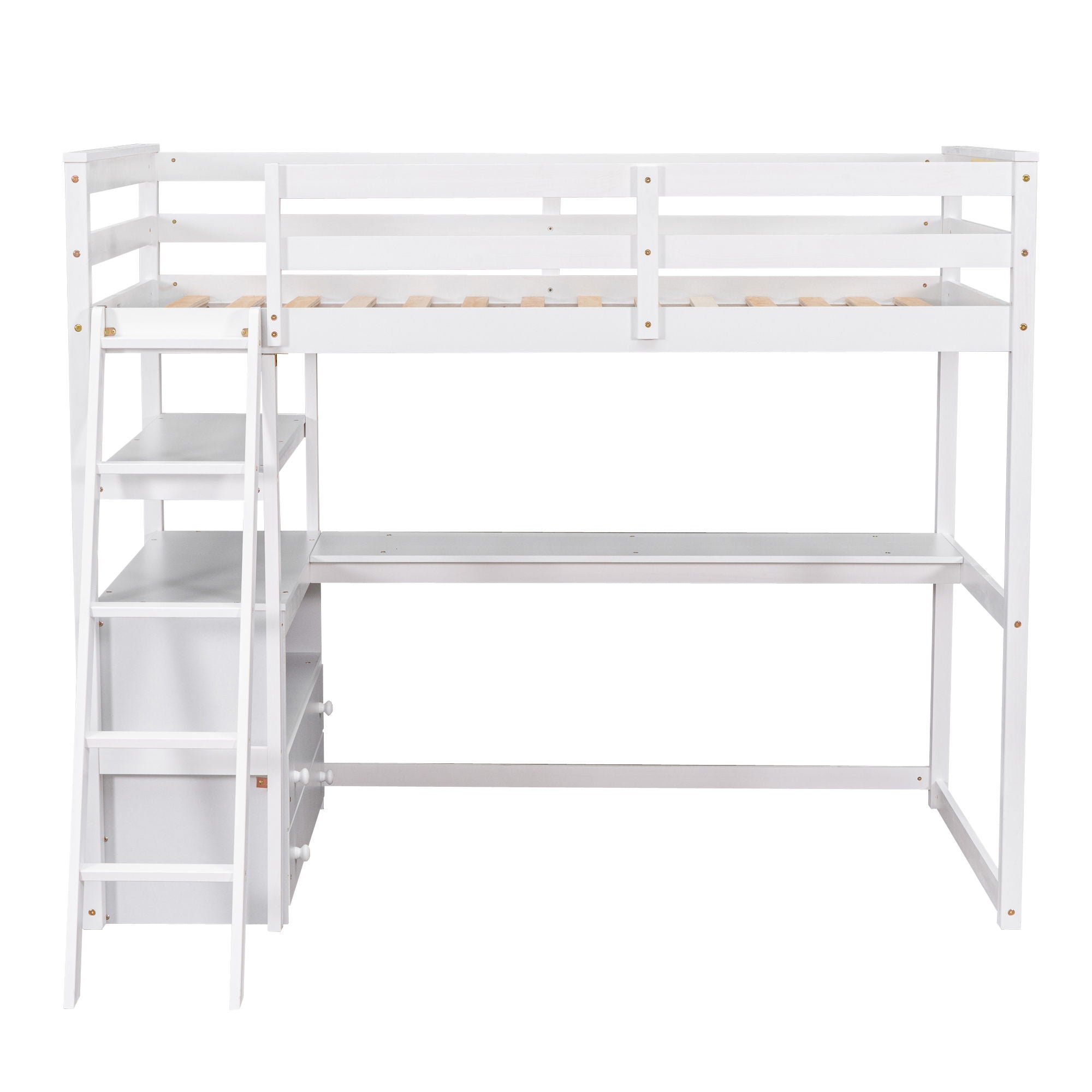 Modern Loft Bed With Built In Desk, Shelves, And 2 Drawers