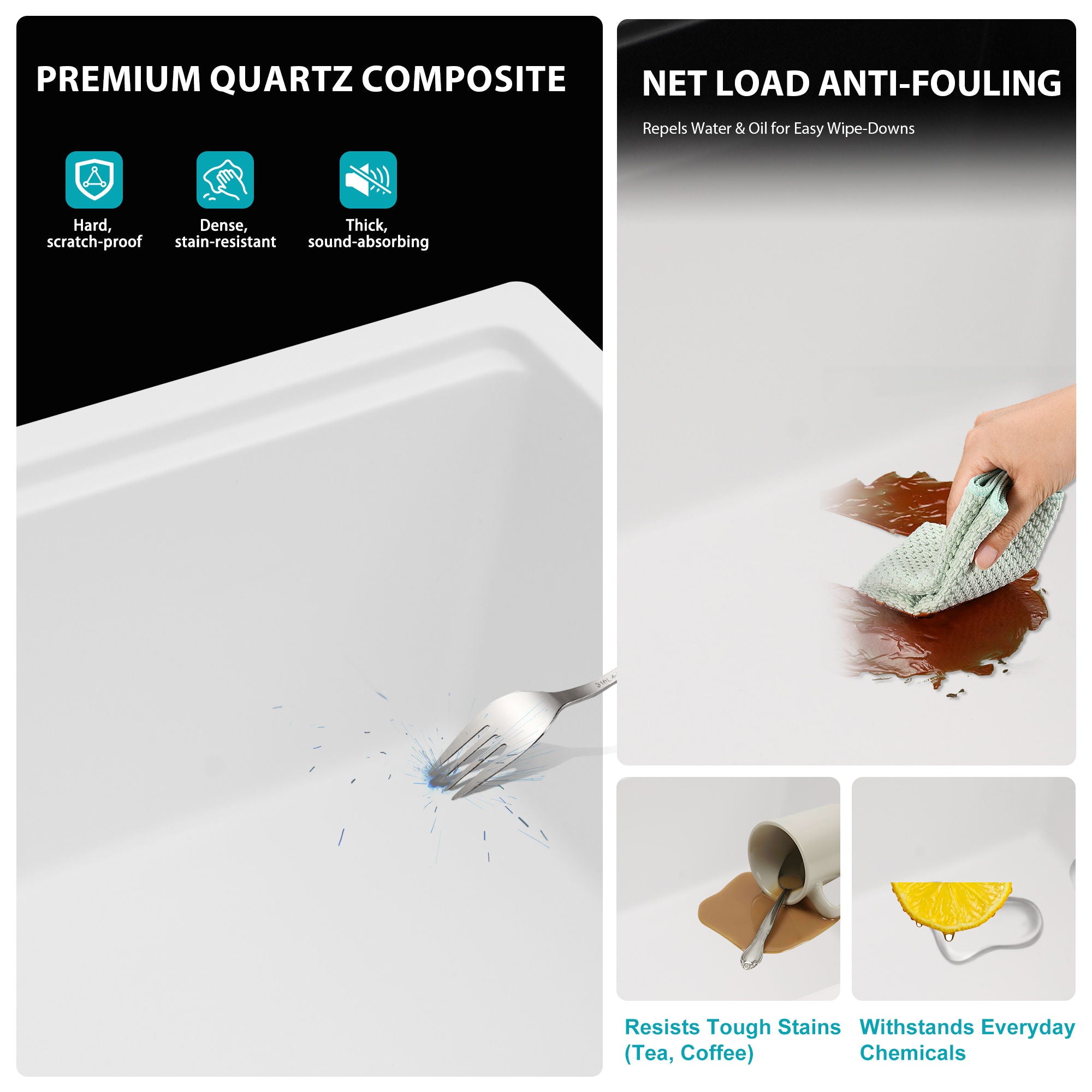 Quartz Composite Kitchen Sink With Undermount Design, Durable Single Bowl Workstation
