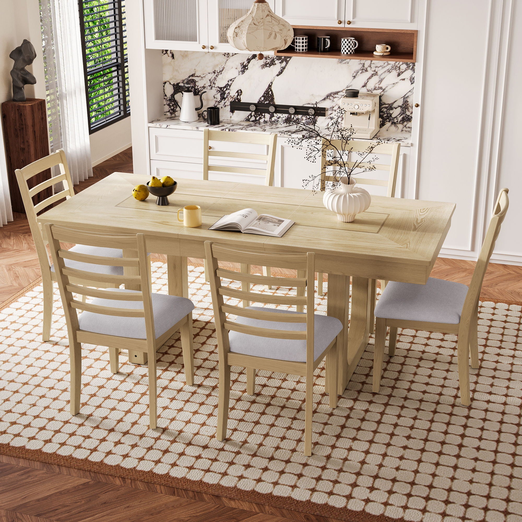 Extendable Dining Set, Farmhouse Extendable Table With Upholstered Chairs