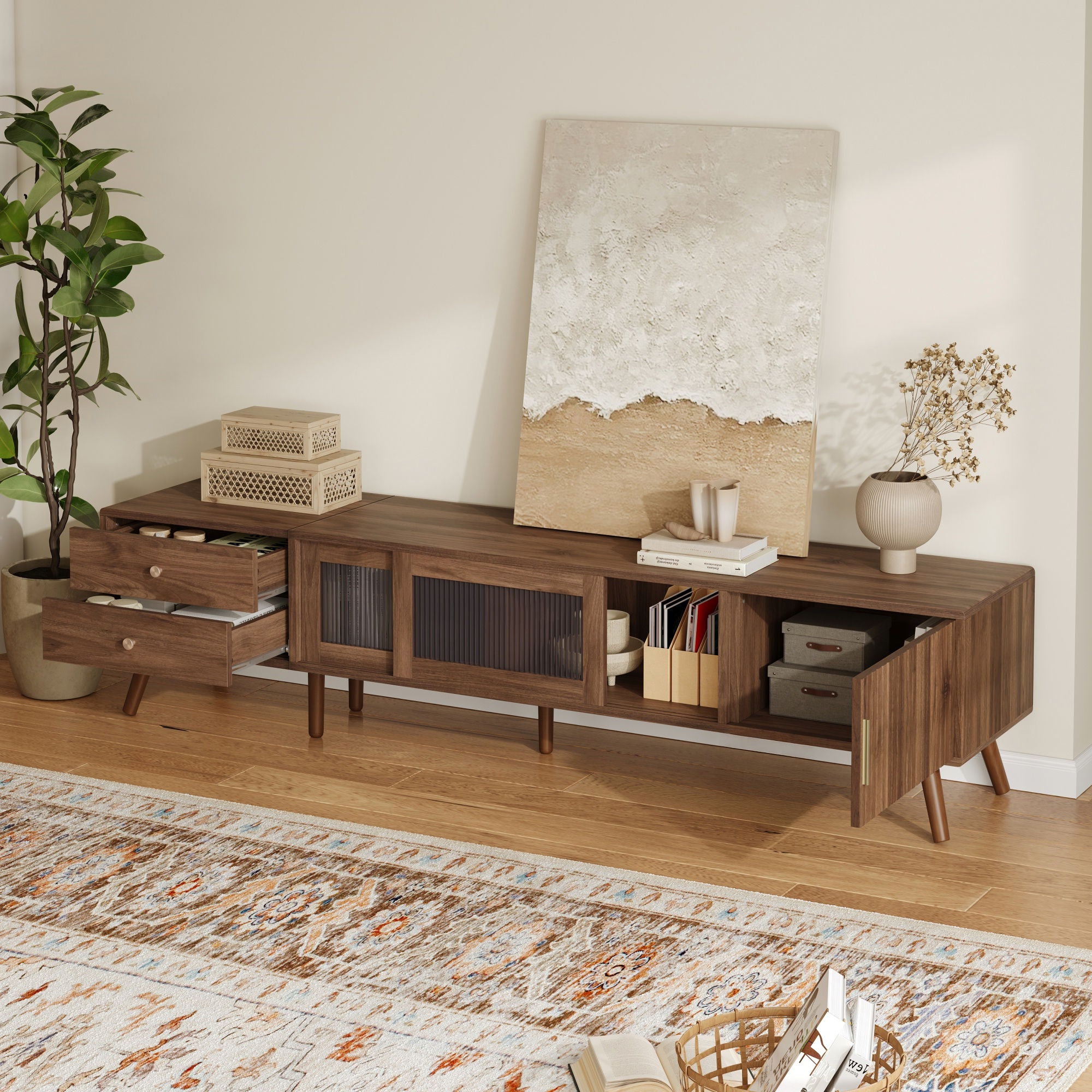76" TV Stand, Entertainment Center With Storage Cabinets, TV Media Console Table For Living Room - Natural