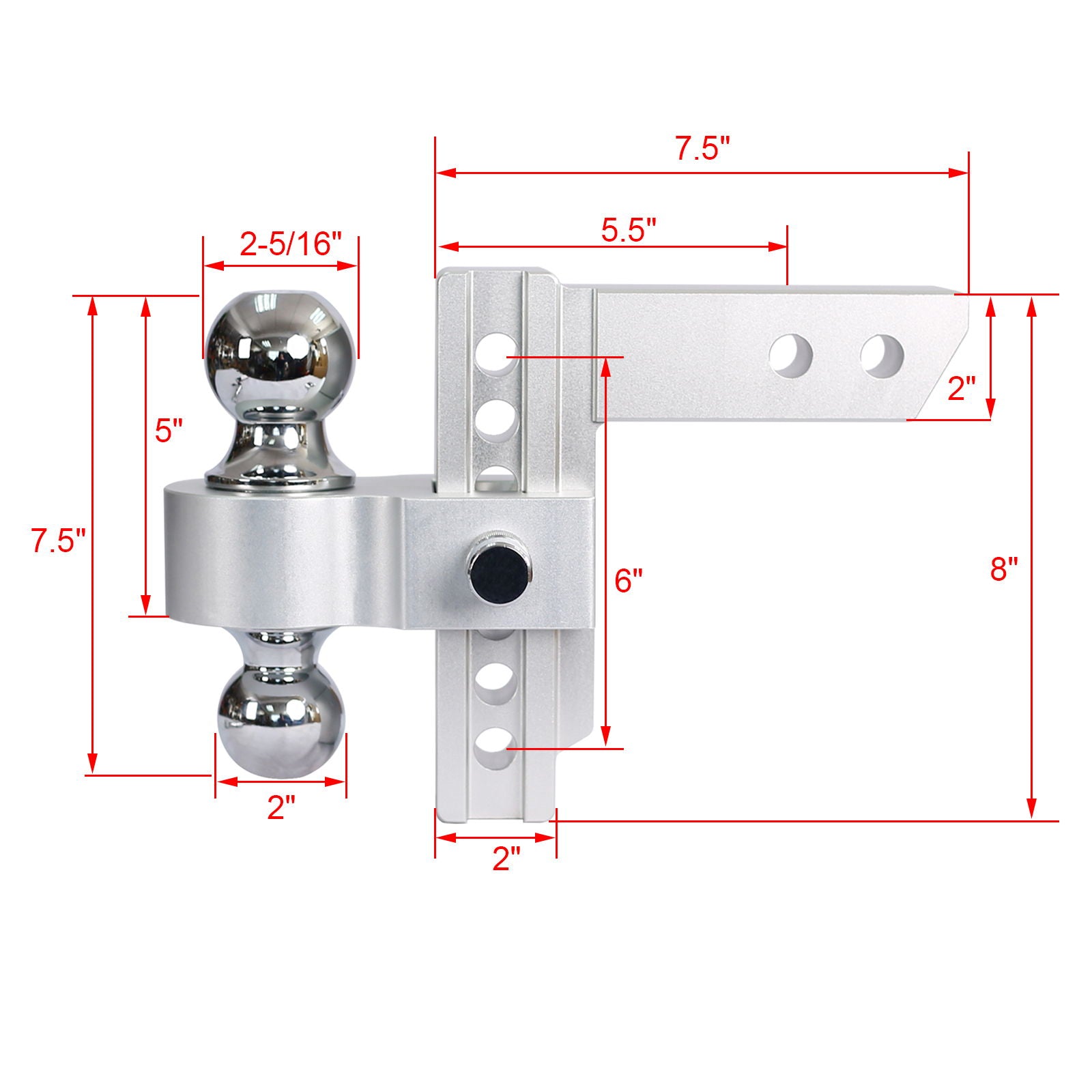 Alu - Adjustable Trailer Drop Hitch With 2" Receiver, 6" Adjustment - Silver
