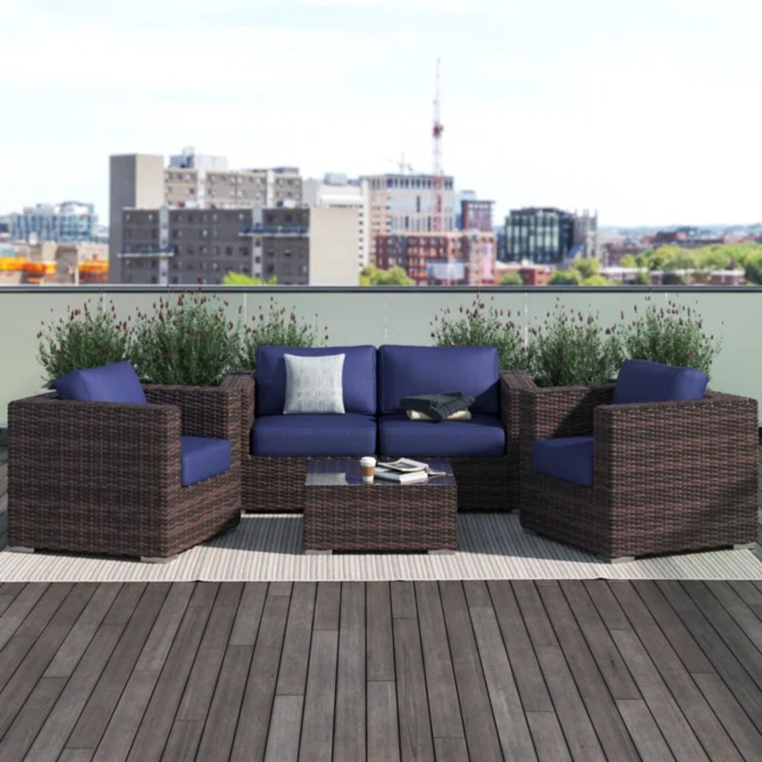Wicker Seating Group Set With Table And Cushions