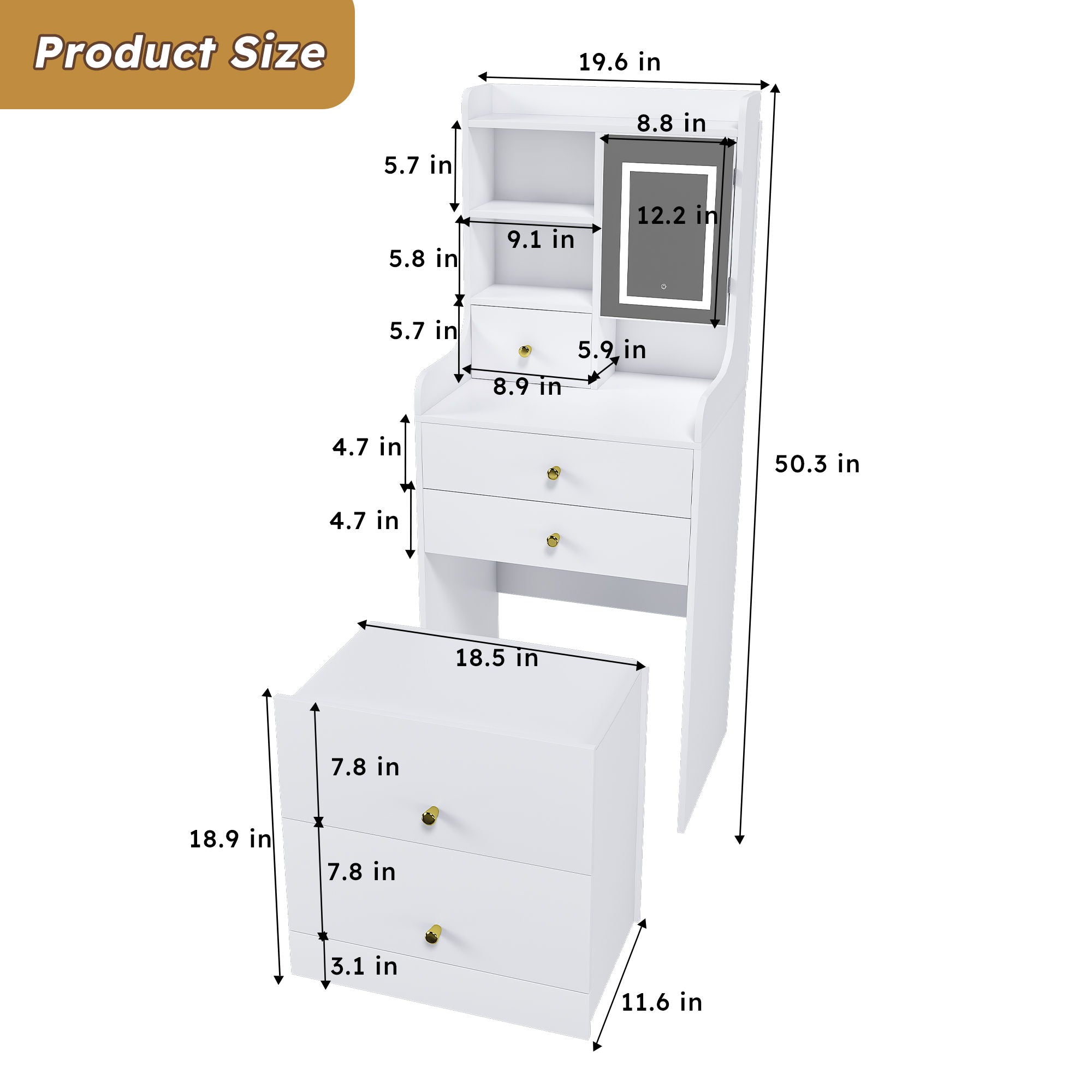 3 In 1 Dressing Table With LED Mirror & Storage Stool, Compact Makeup Vanity - White
