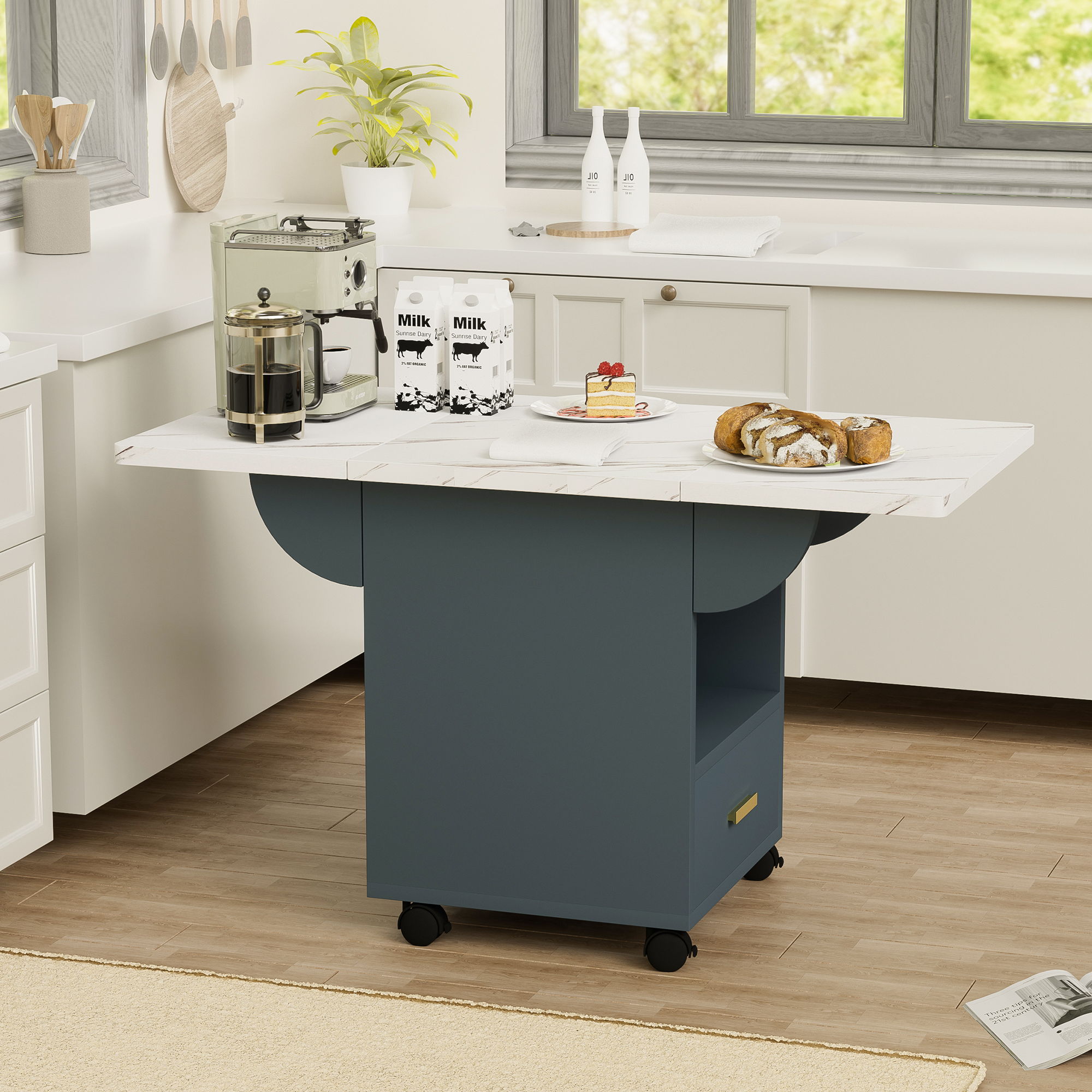 Versatile Wood Folding Dining Table With Wheels, Storage Rack & Drawer, Space Saving Design - White