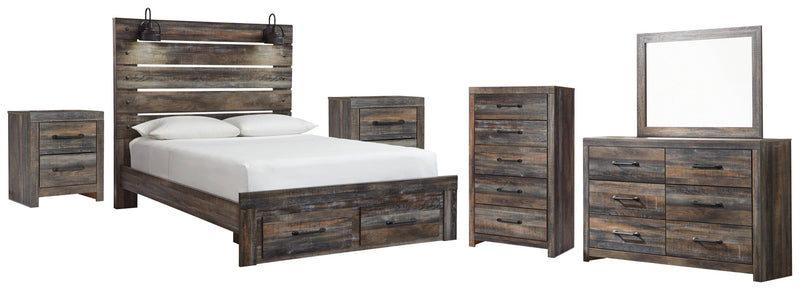 Drystan Queen Panel Bed with 2 Storage Drawers with Mirrored Dresser and Nightstand