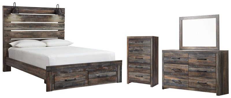 Drystan Queen Bookcase Bed with 4 Storage Drawers with Mirrored Dresser and Chest
