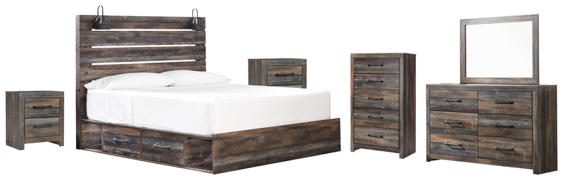 Drystan King Panel Bed with 4 Storage Drawers with Mirrored Dresser and Chest