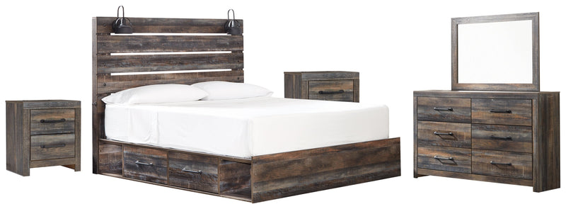 Drystan King Bookcase Bed with 4 Storage Drawers with Mirrored Dresser and 2 Nightstands