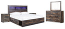 Drystan King Bookcase Bed with 4 Storage Drawers with Mirrored Dresser and 2 Nightstands