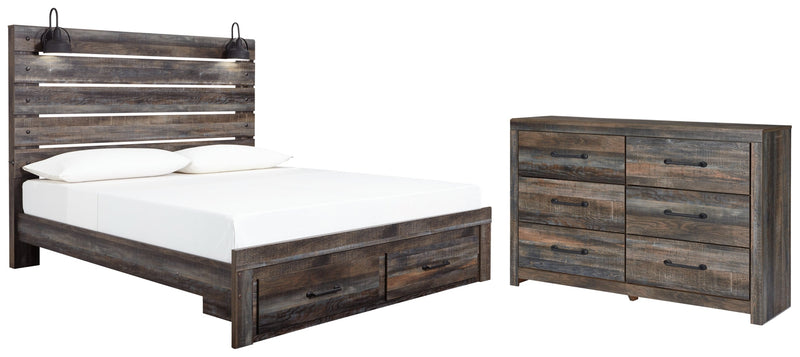 Drystan King Panel Bed with 4 Storage Drawers with Mirrored Dresser and Chest
