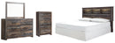 Drystan King Panel Bed with Storage with Mirrored Dresser, Chest and Nightstand