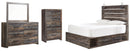 Drystan Queen Bookcase Bed with 4 Storage Drawers with Mirrored Dresser and Chest