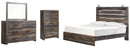 Drystan King Panel Bed with 4 Storage Drawers with Mirrored Dresser and Chest