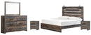 Drystan King Panel Bed with 4 Storage Drawers with Mirrored Dresser and Chest