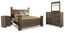 Juararo California King Poster Bed with Mirrored Dresser, Chest and 2 Nightstands