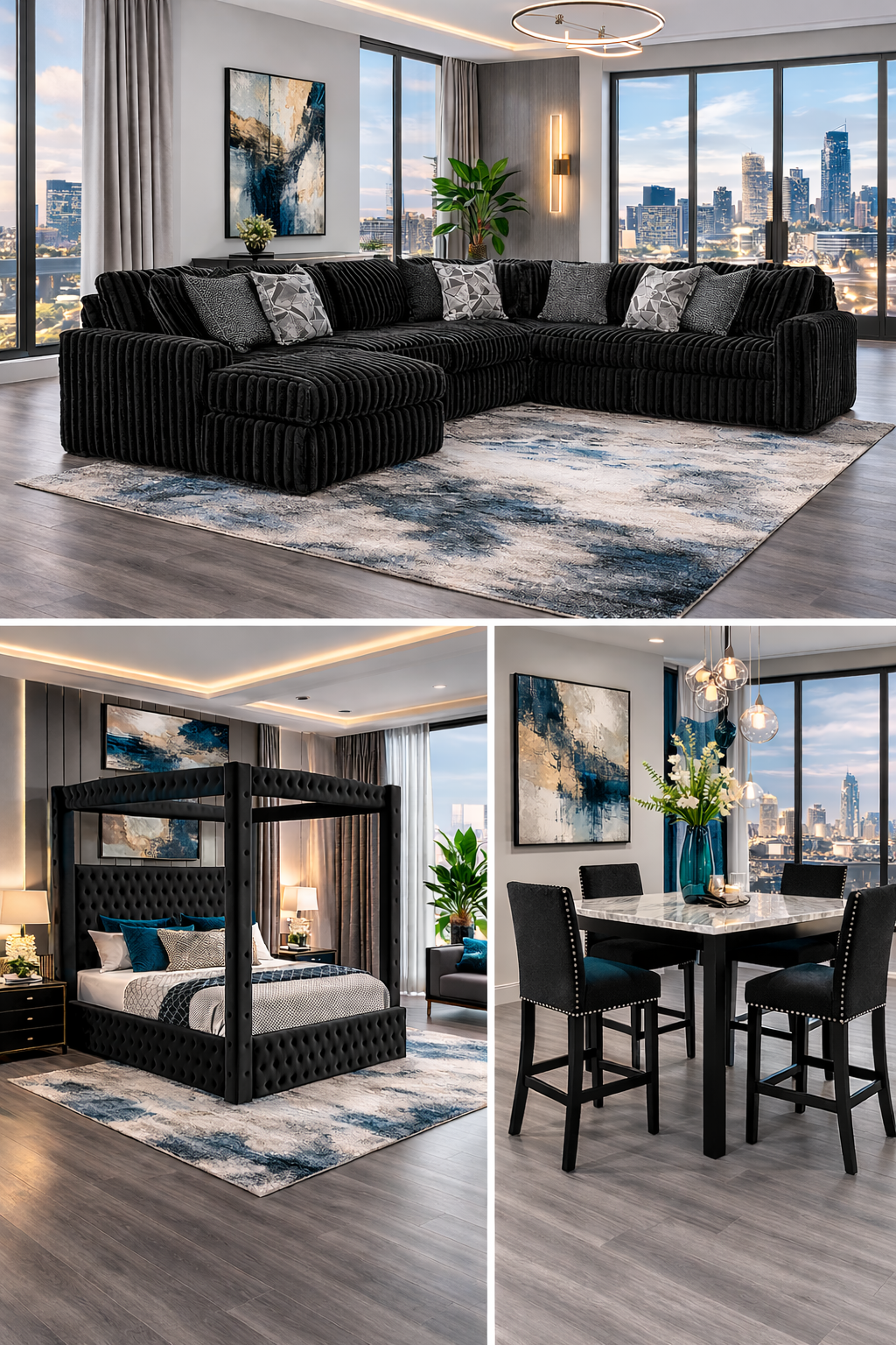 Omega Corduroy 3 room package deal including Sectional Sofa, 5 PCS dining set and bed frame