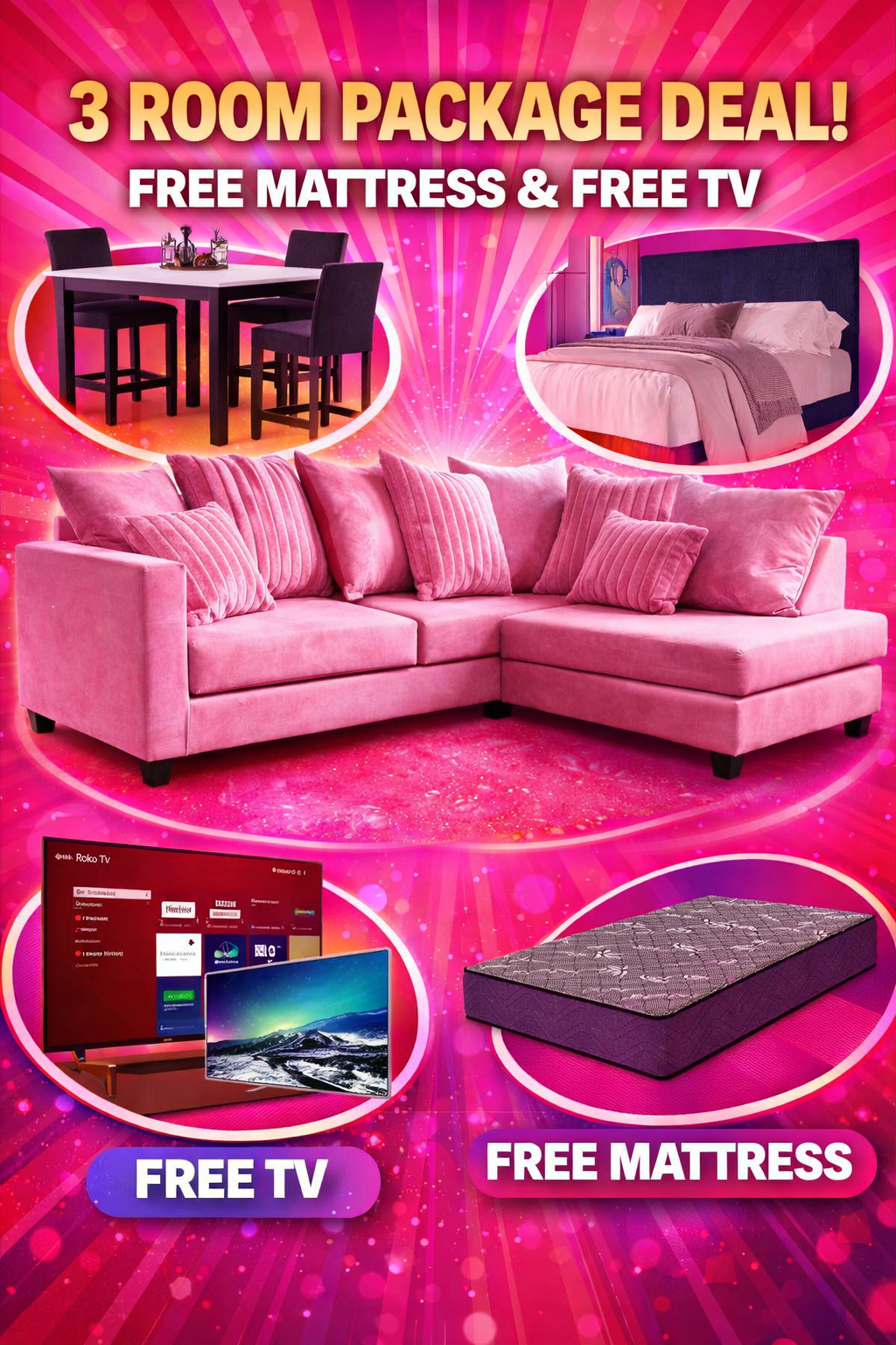 The Blush Signature Home package Sectional Sofa, 5PCS Dining set Bed frame FREE Mattress & FREE TV