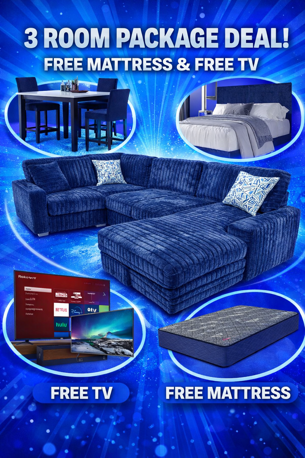 Diamond Sapphire Package Sectional 5PCS Dining set Bed frame FREE Mattress FREE TV