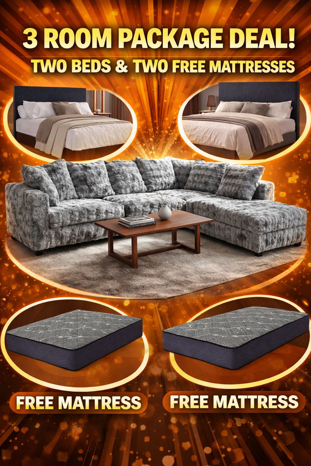 Mamba (GREY) 3 Room package deal Includes Sectional sofa Two Beds & TWO Free Mattress