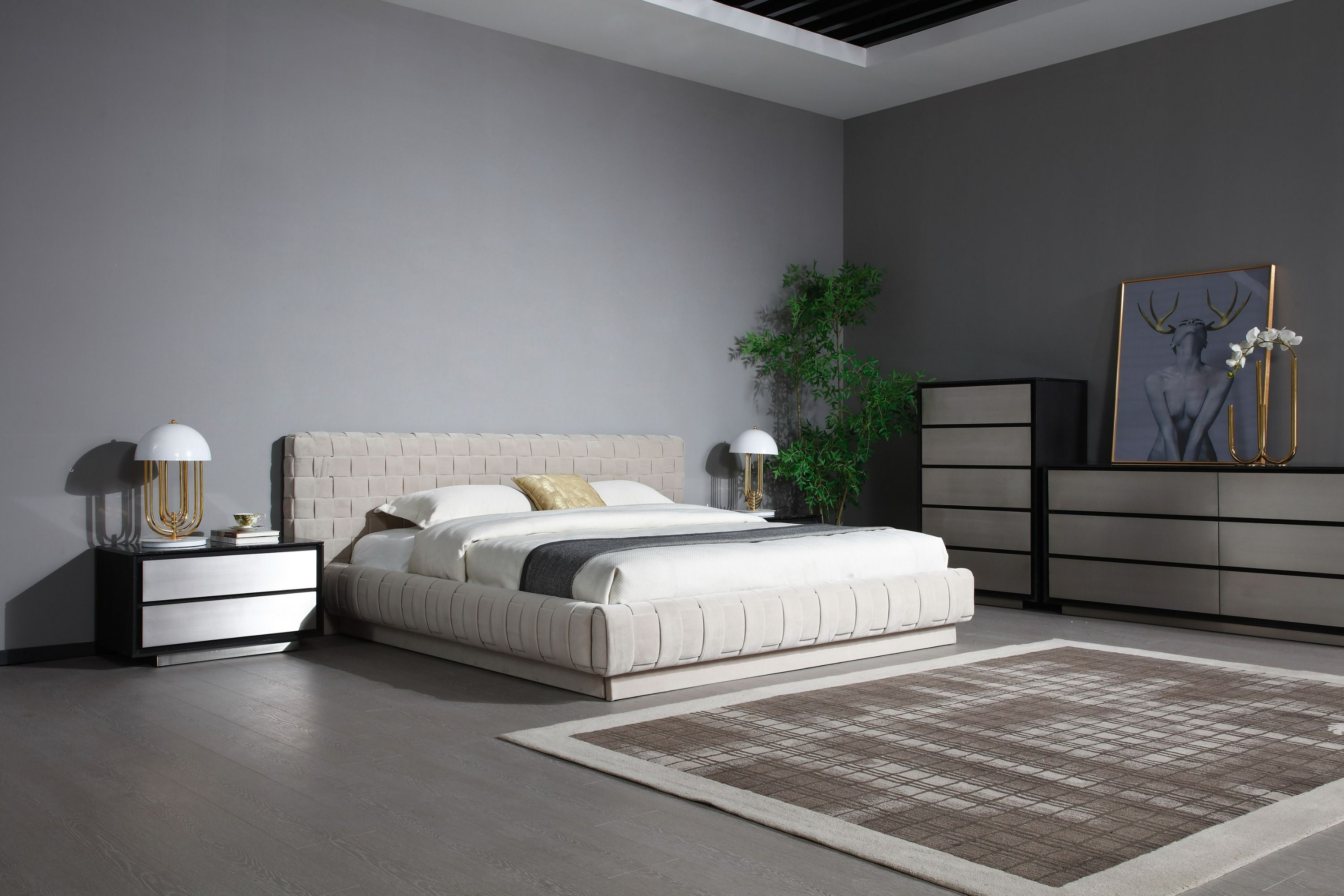Modrest Concord - Modern Grey Velvet + Black Marble + Black Ash + Aluminum Bedroom Set