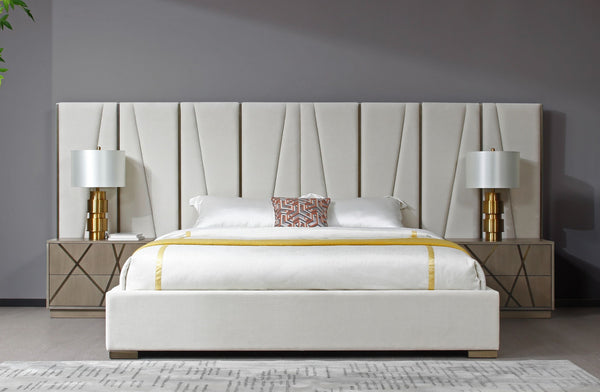 Modrest Nixa - Modern Beige Velvet + Brushed Bronze Bed + Birch Nightstands