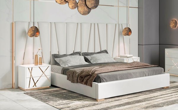 Modrest Nixa - Modern White + Gold Bed + Nightstands
