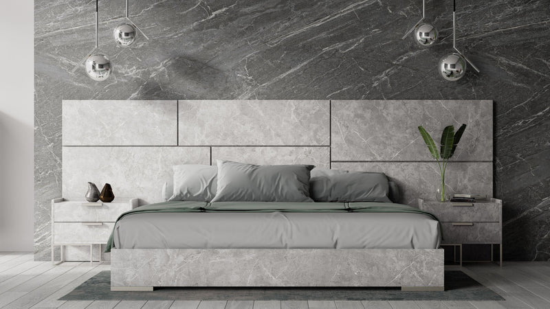 Nova Domus Marbella - Italian Modern Grey Marble Bed w/ 2 Nightstands
