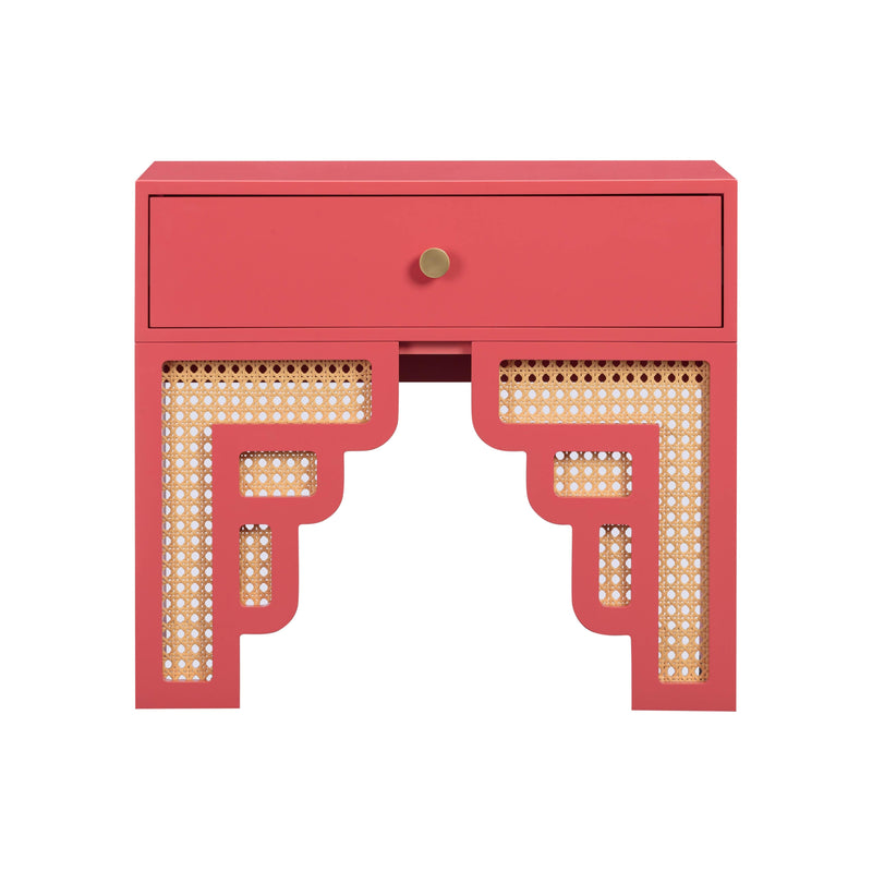 Suzie Coral Pink & Rattan Nightstand - UK