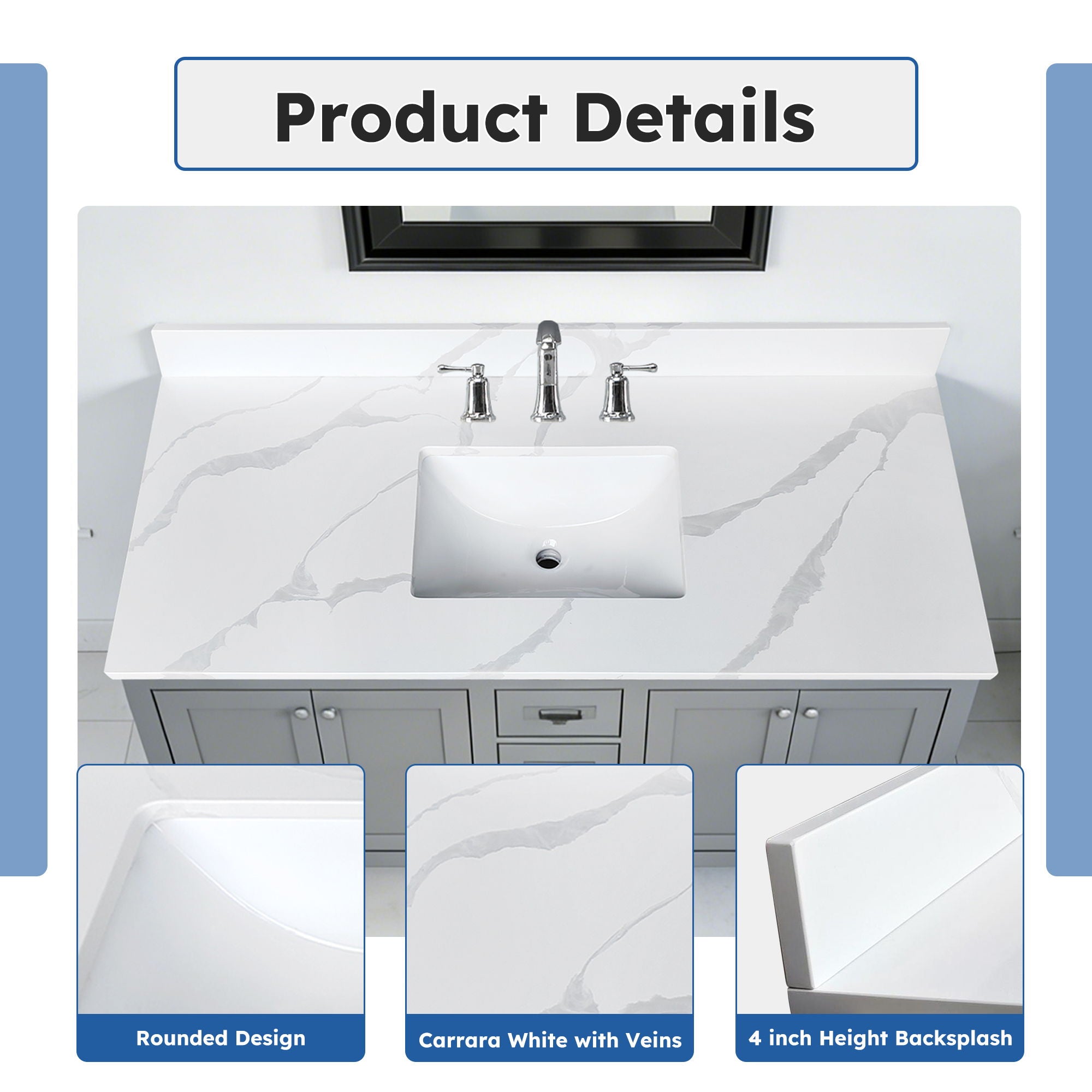Bathroom Vanity Top With Undermount Sink, 3 Pre Drilled Holes