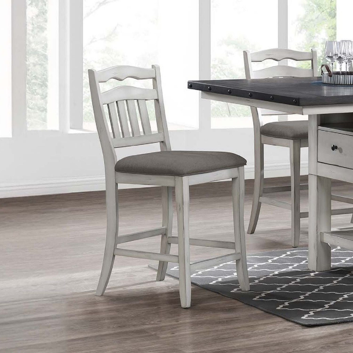7 Piece Counter Height Dining Set With Storage Base And Ladder Back Chairs - Antique White / Gray