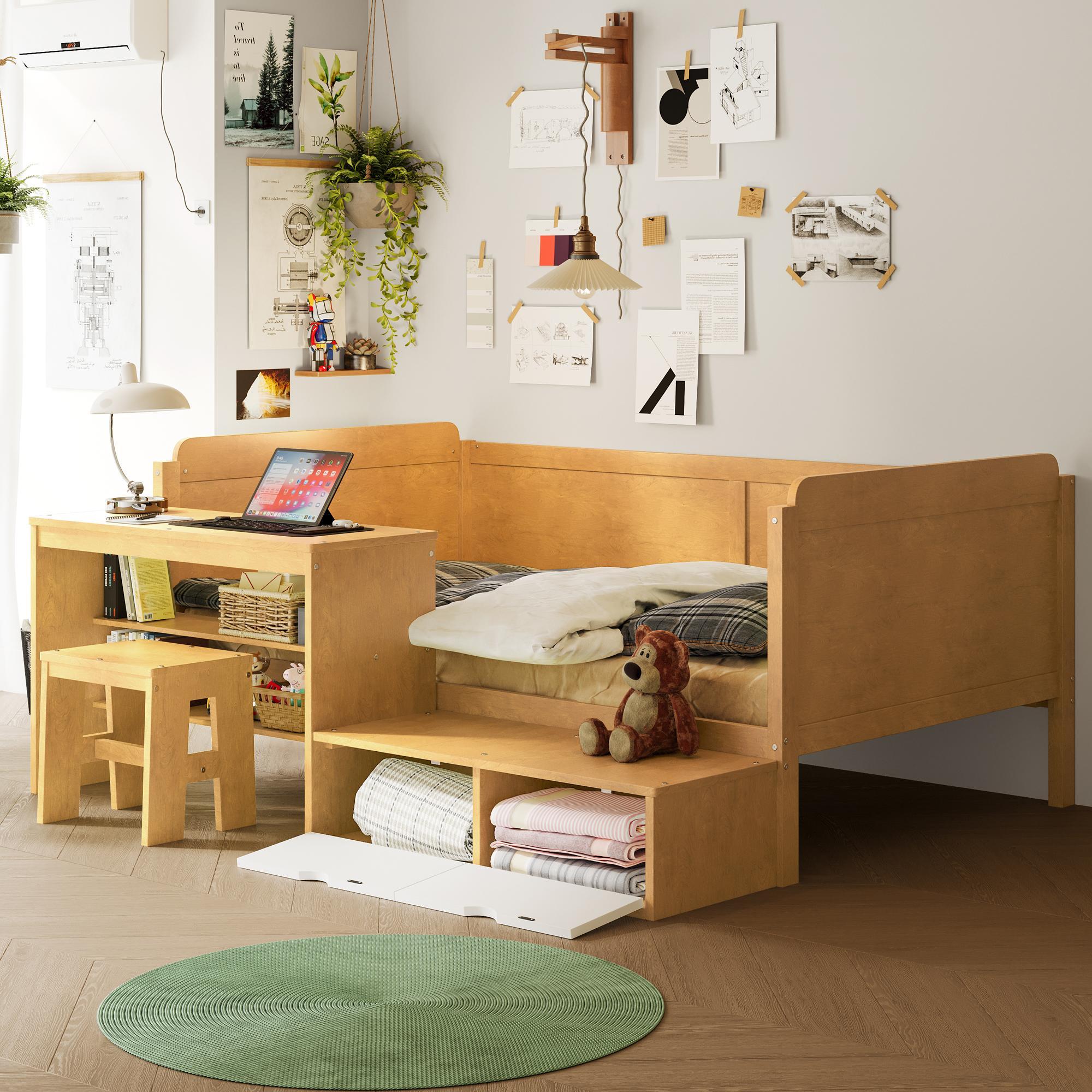 Daybed With Storage Shelves And Lockers, Multi Functional Bed With Study Desk And Matching Stool