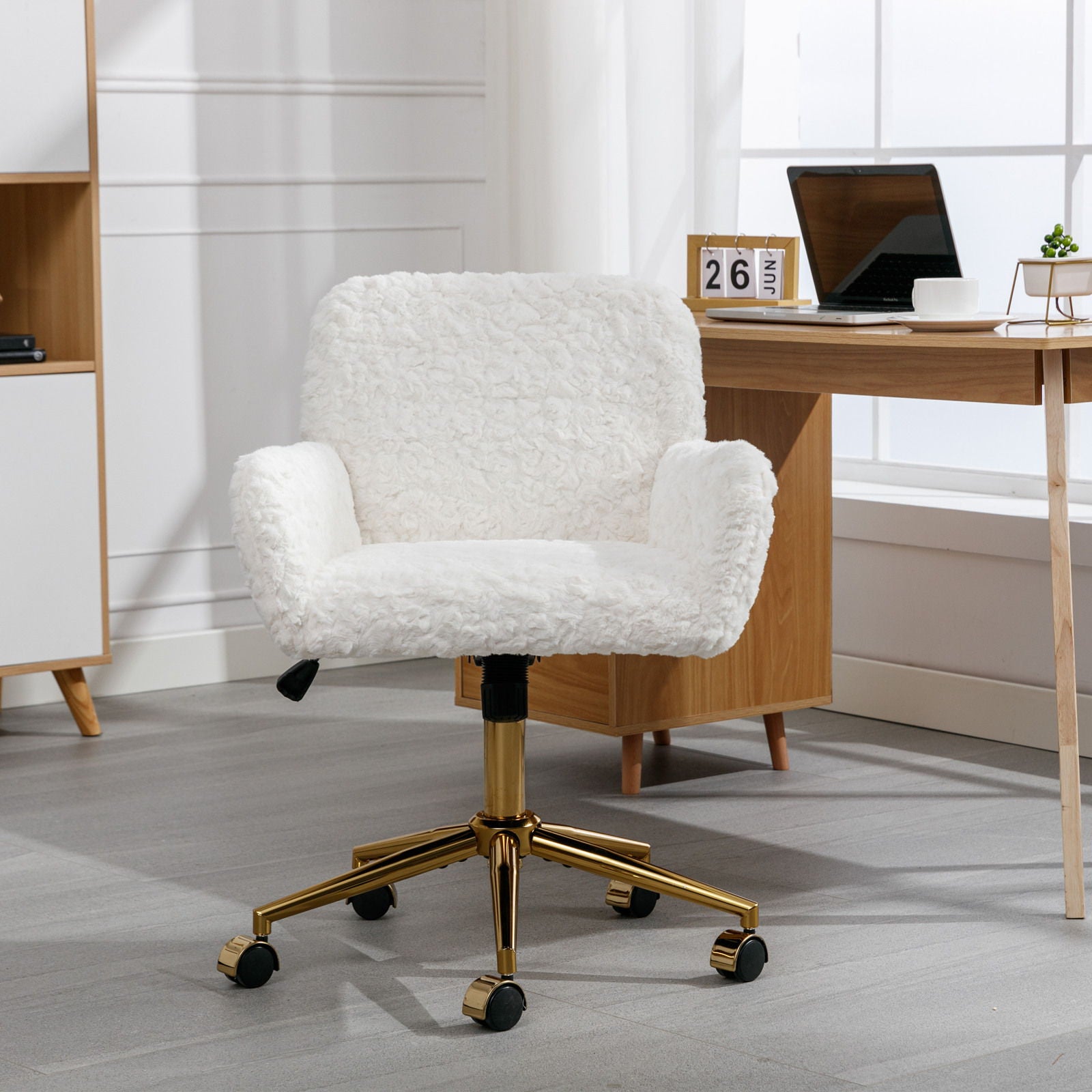 Office Chair, Artificial Rabbit Hair Home Office Chair With Metal Base, Adjustable Desk Chair Swivel Office Chair, Vanity Chair