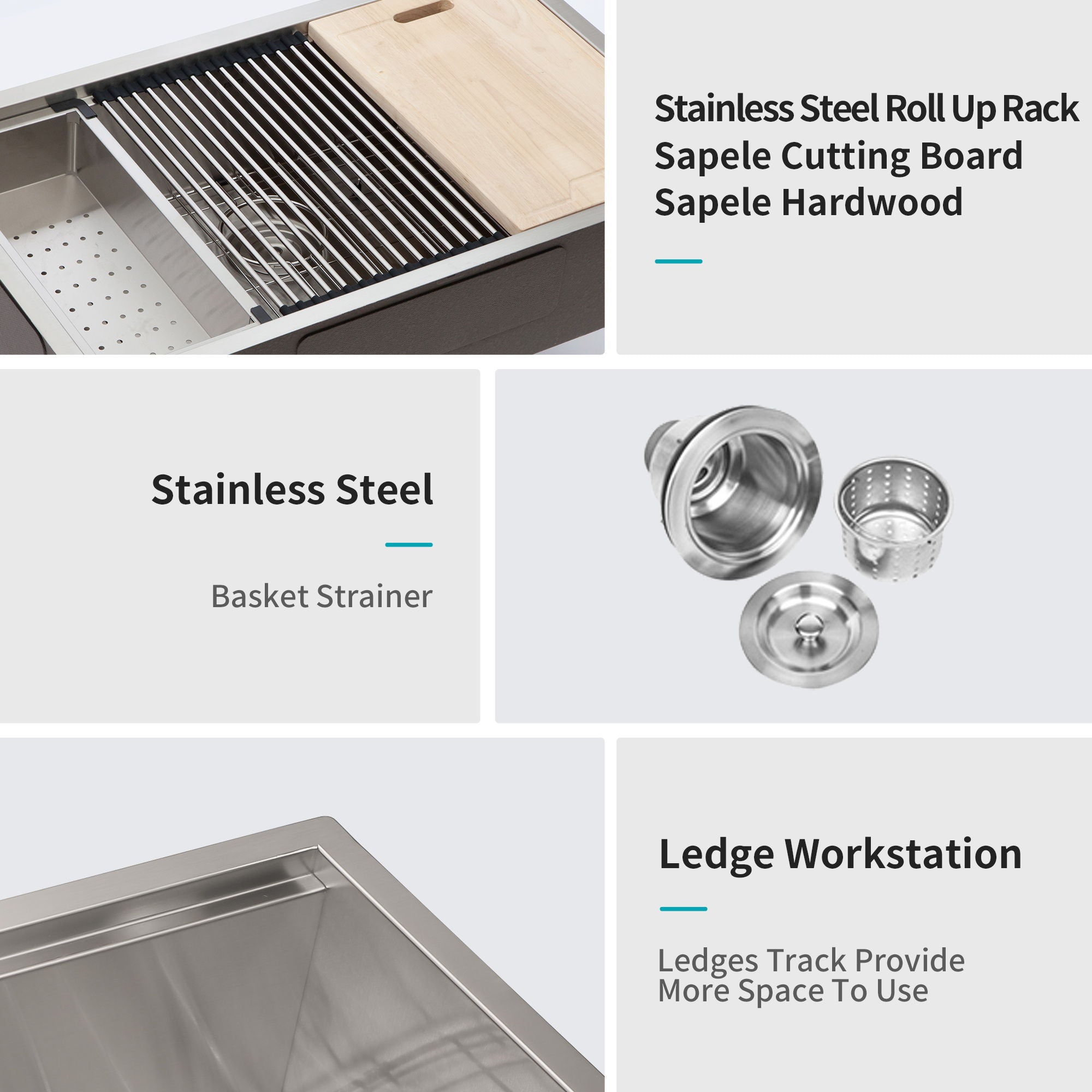 33" Undermount Kitchen Sink Single Bowl Stainless Steel Ledge Workstation In Brushed Nickel, 16 Gauge 304 Stainless Steel, 33 X 19 X 9 Inch