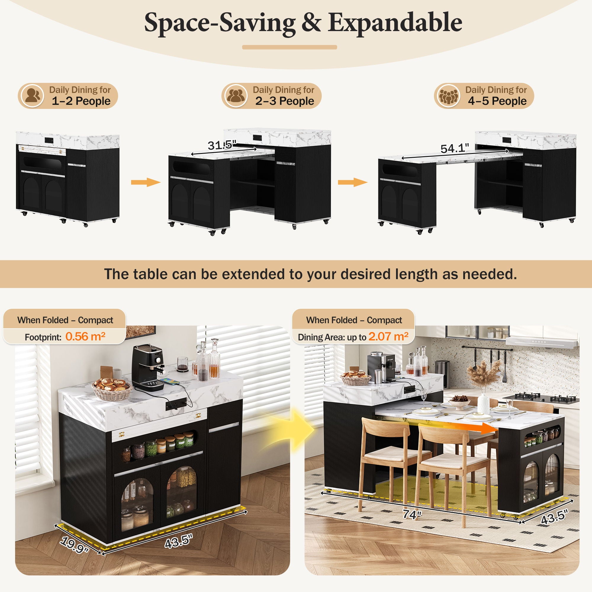 Extendable Dining Table With Folding Top, Rolling Kitchen Island With Drawers And Power Outlet
