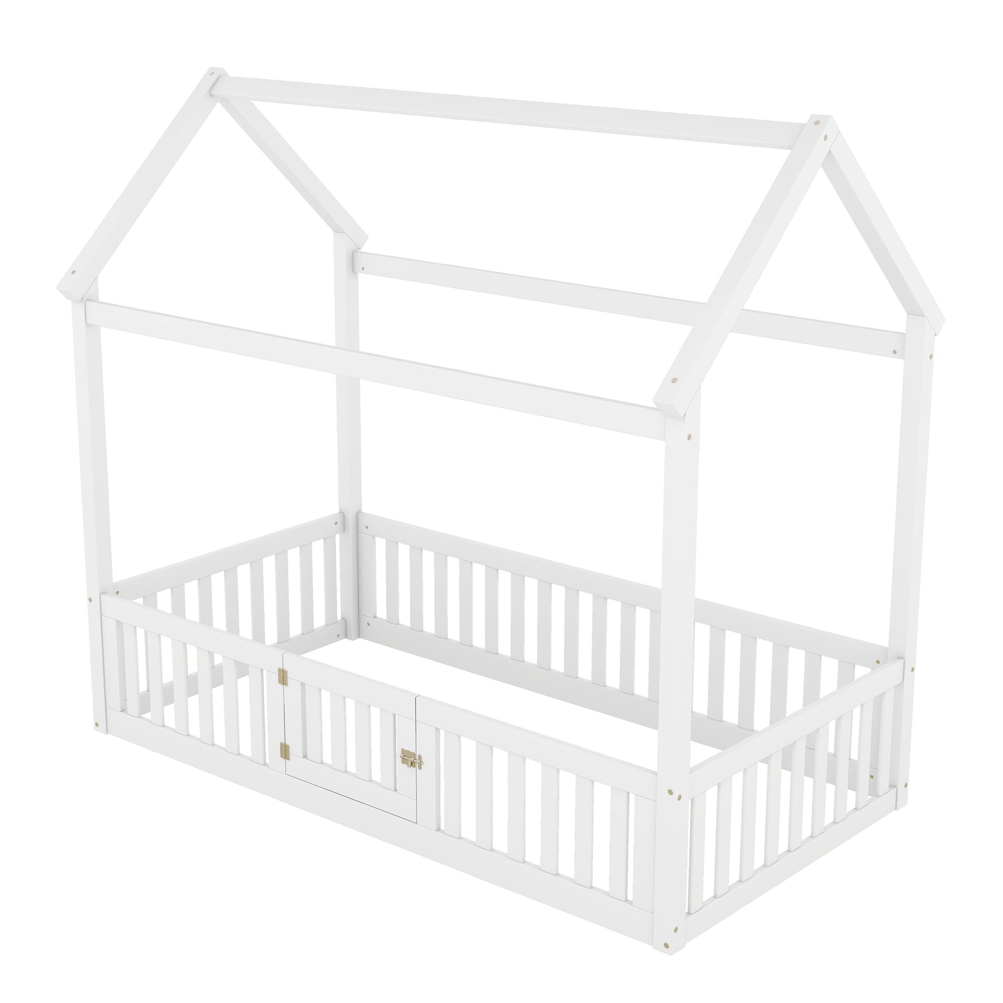 Wood House Bed With Fence And Door