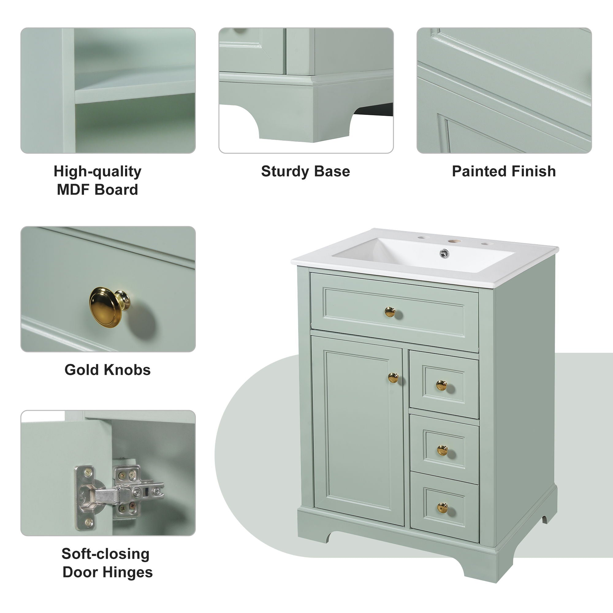 Modern Bathroom Vanity With Sink, 3 Drawers & Cabinet With 2 Tier Door Storage
