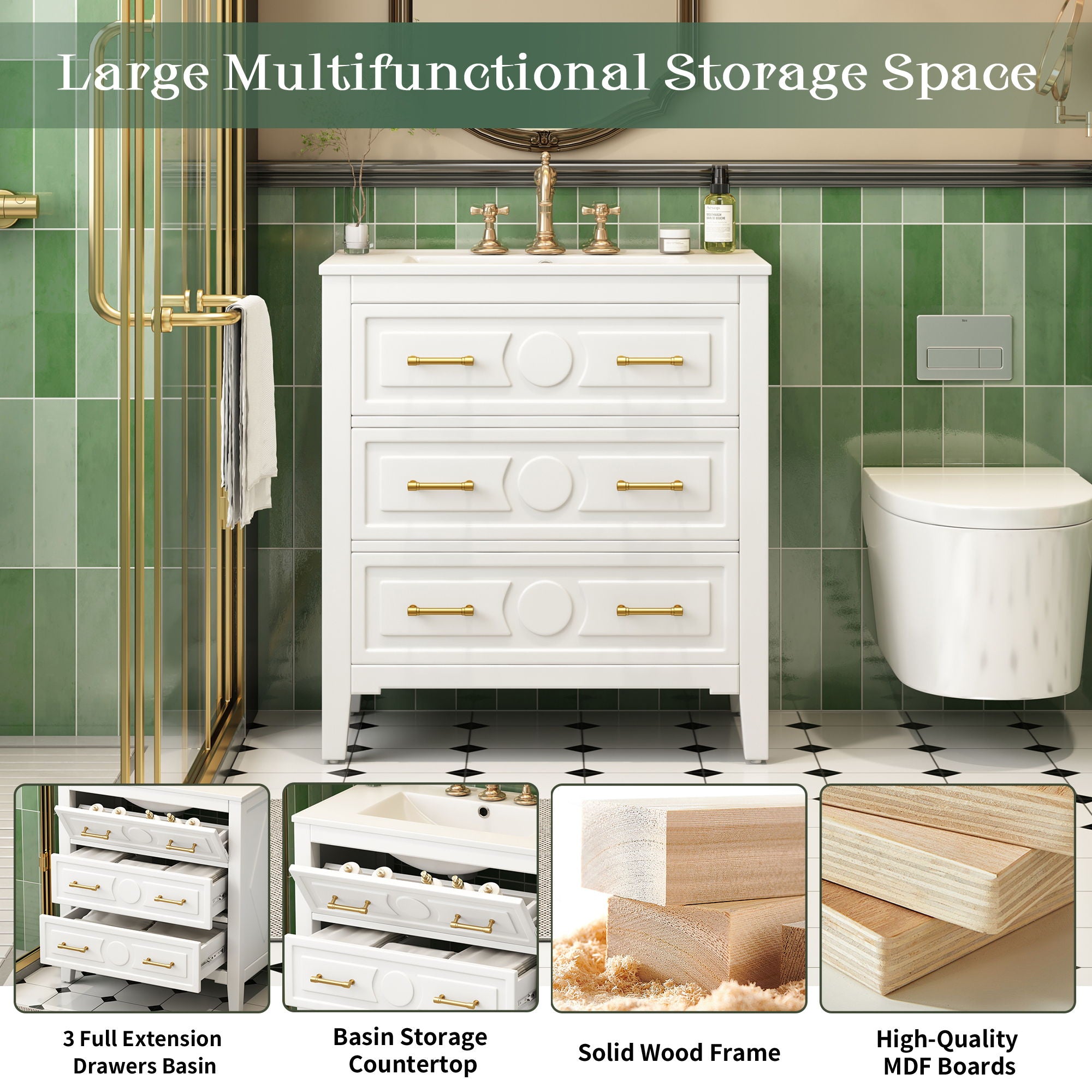 Retro Bathroom Vanity With Sink Combo, Free Standing Single Set With 3 Drawers