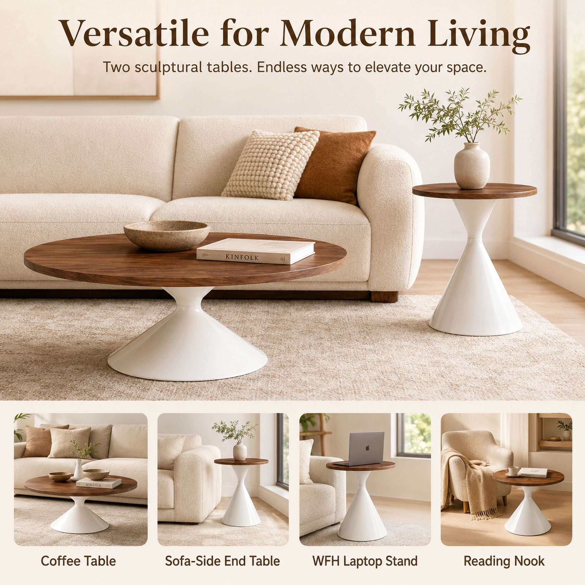 2 Piece Round Coffee Table Set - Walnut / White
