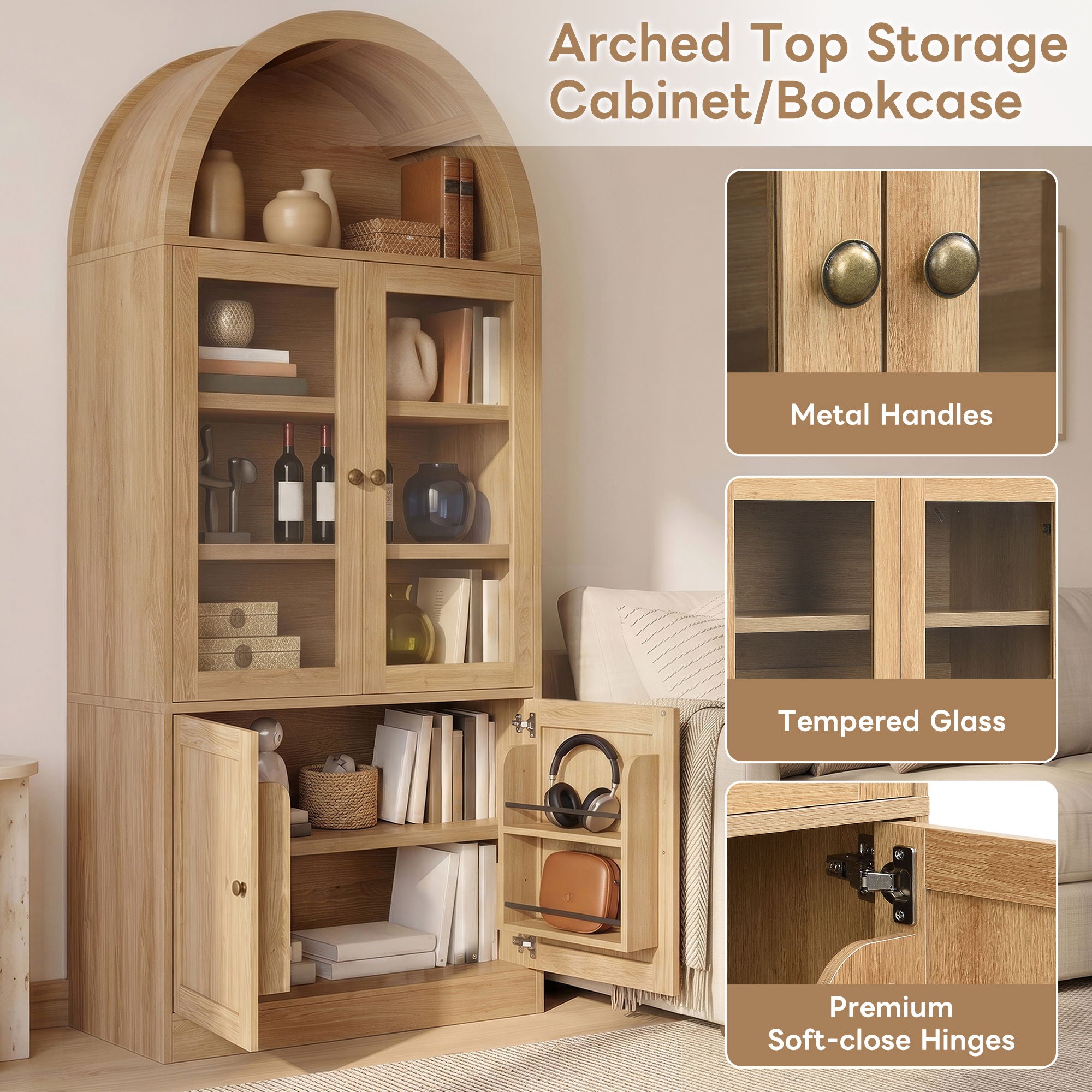 Tall Arched Top Storage Cabinet With 5 Tier Shelves, Soft Close Hinges