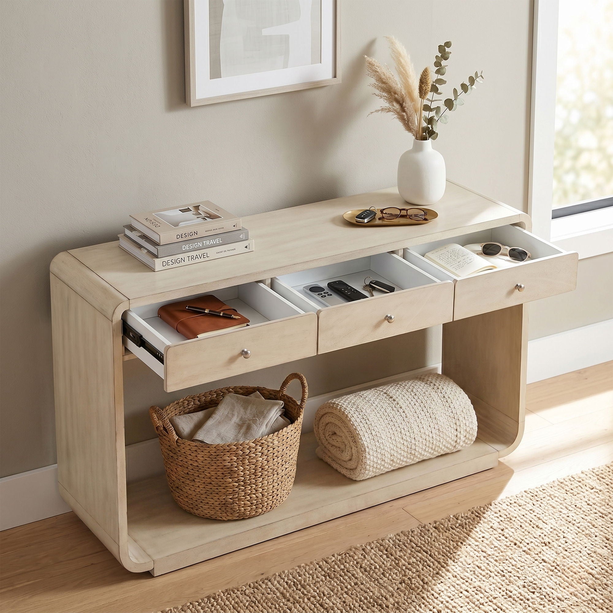 onsole Table With 3 Drawers And Display Shelf