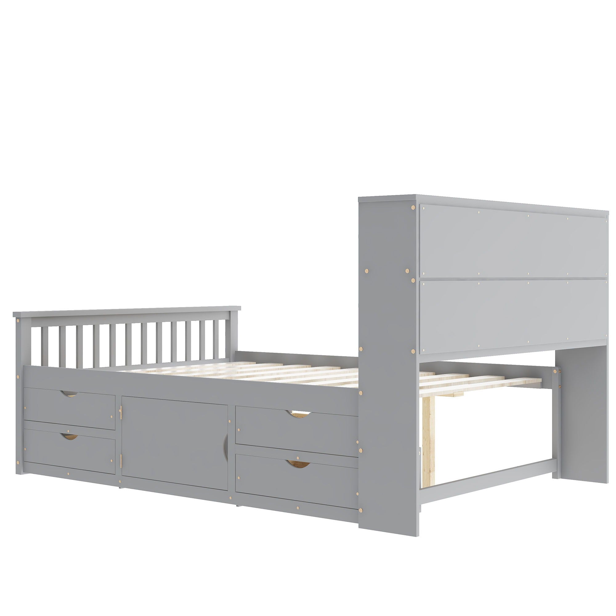 Captain Platform Bed Frame With Bookcase Headboard, 4 Drawers, Storage Shelves