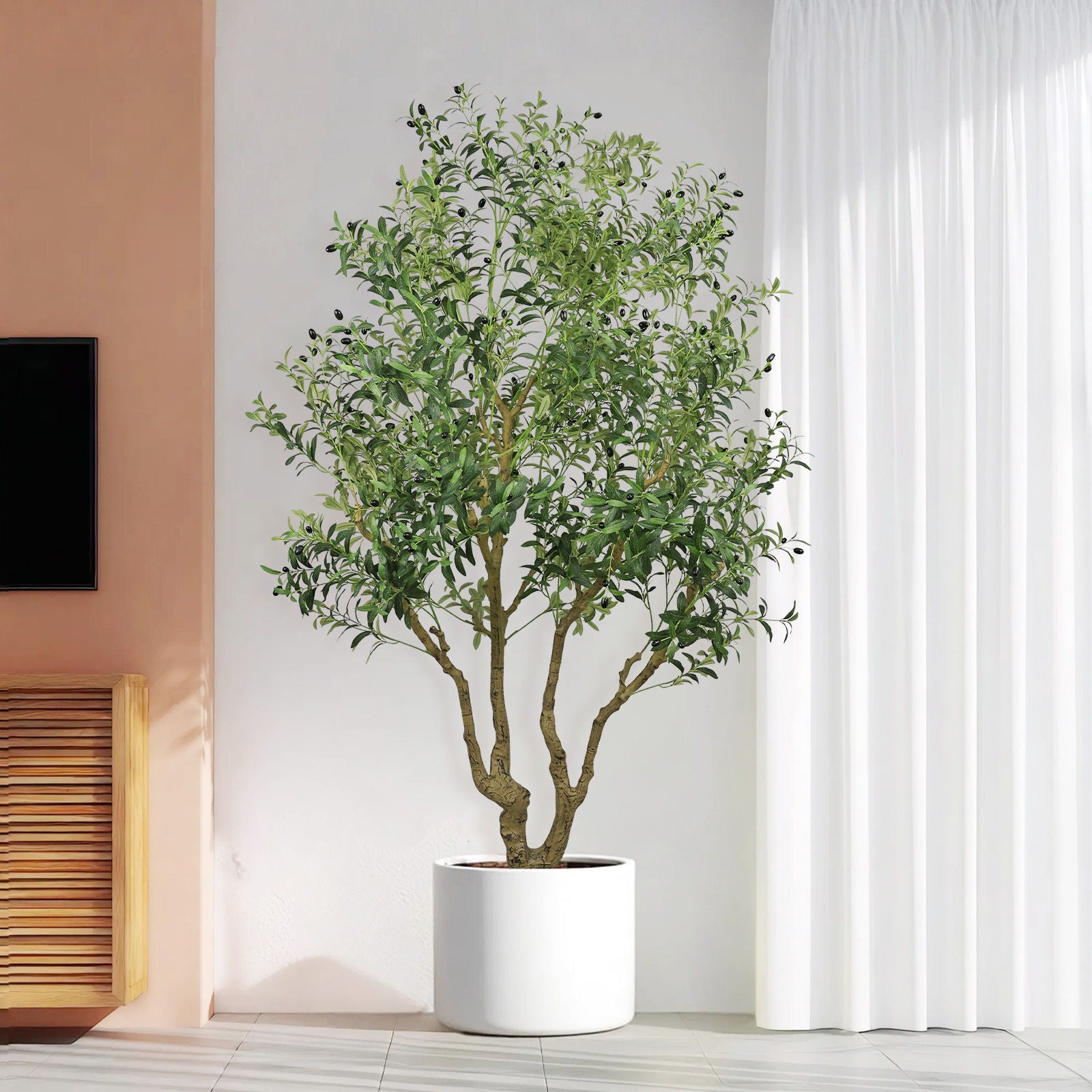 Tall Artificial Olive Tree Large Faux Potted Tree With Natural Trunk And Lifelike Olive Leaves And Fruit - Green