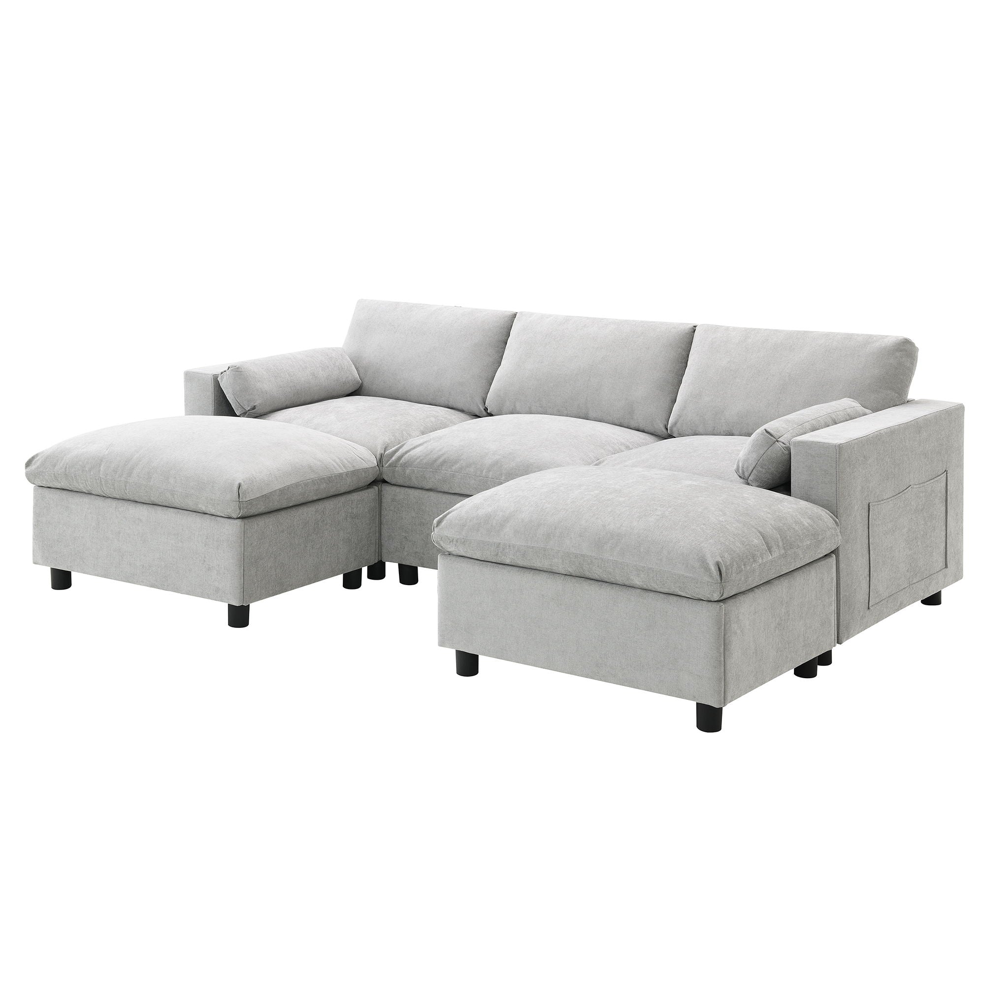 Modular Sectional With Storage Pockets, 5 Seat U Shaped Couch Set With Pillows, Free Combination Modern Cloud Sofa With 2 Movable Ottoman