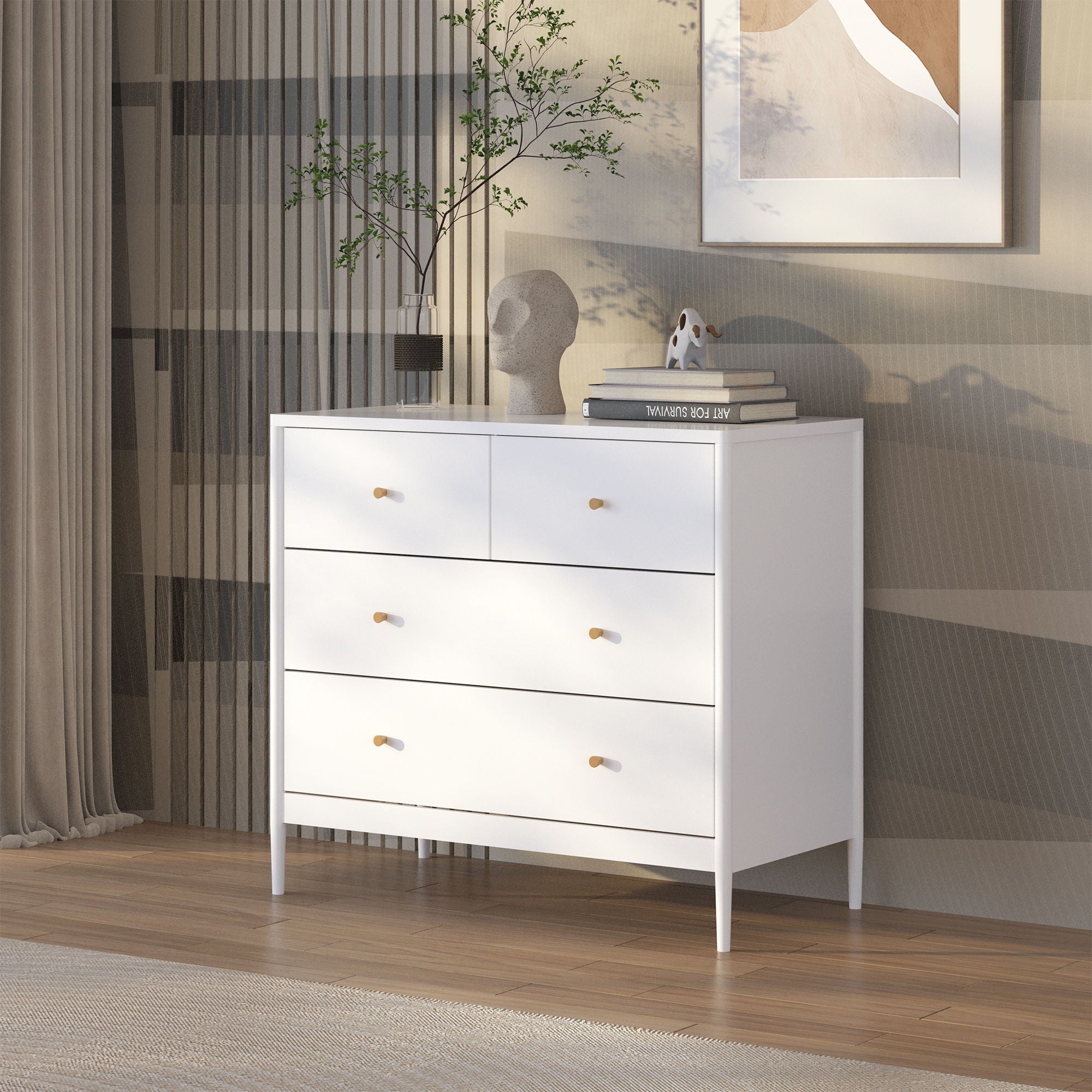 4 Drawer Kids Dresser With Antique Brass Pulls - White