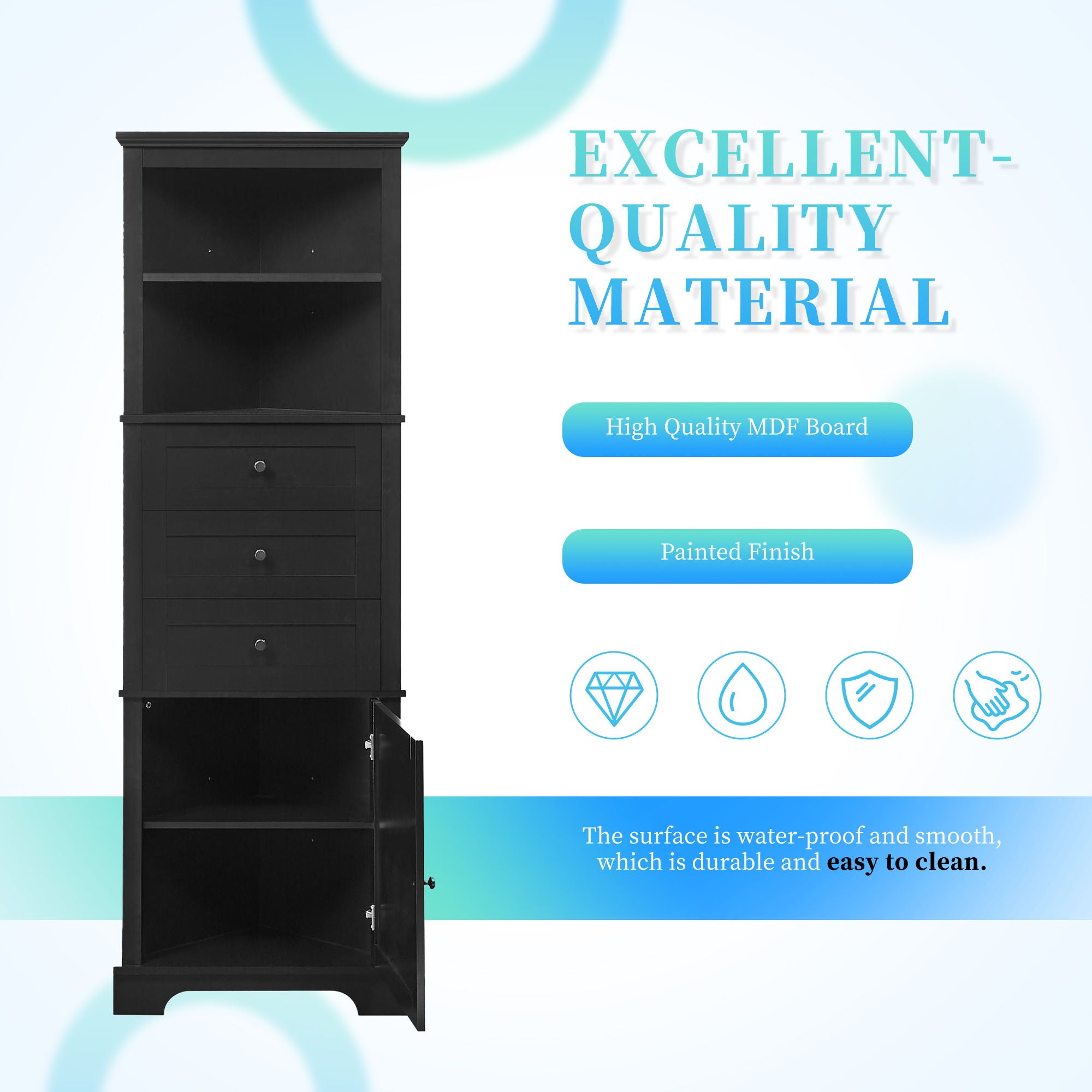 Tall Storage Cabinet With 3 Drawers And Adjustable Shelves For Bathroom