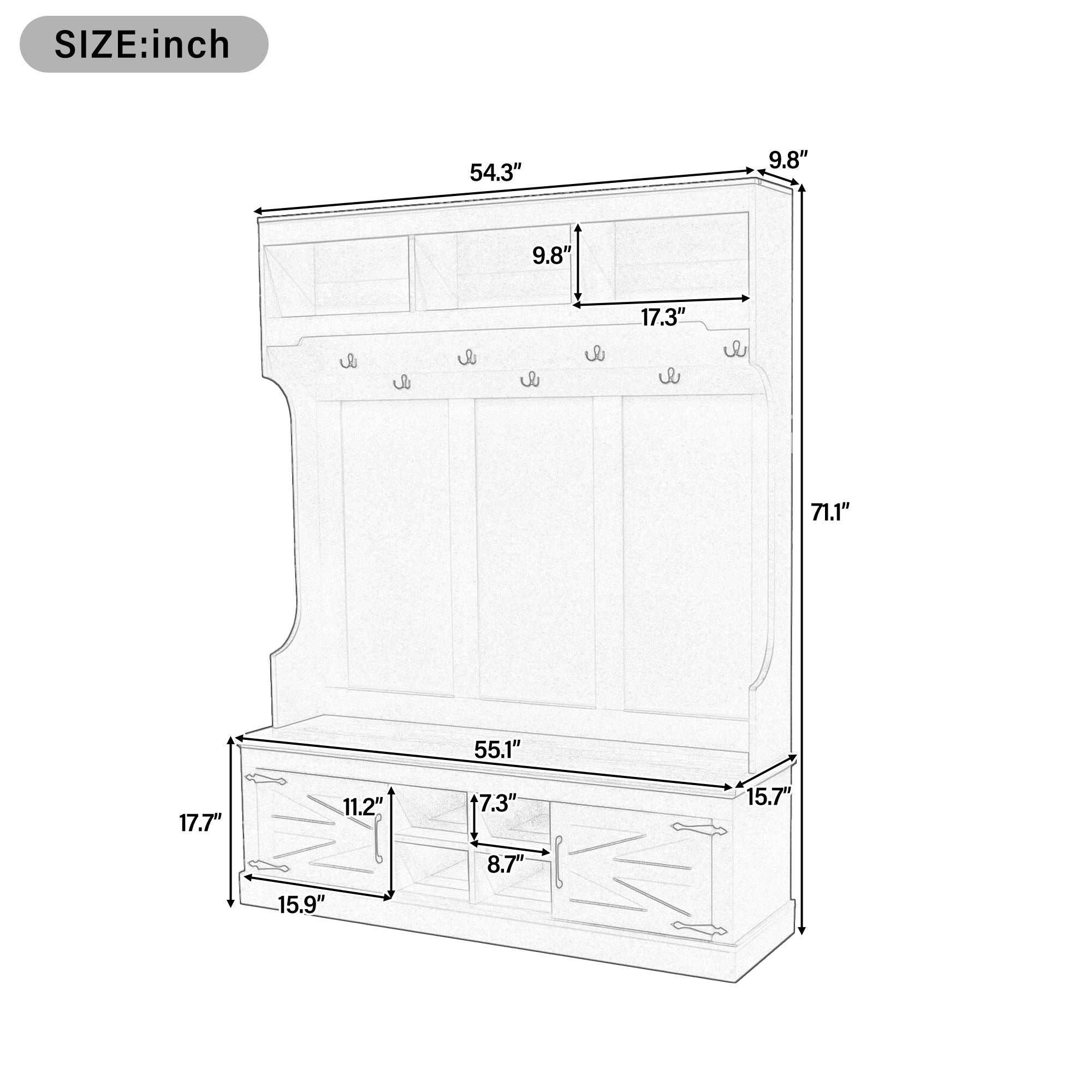 Hall Tree With Bench And Shoe Storage, 5 In 1 Entryway Organizer Cabinet With Coat Rack, 4 Shoe Cubbies & 7 Hooks - White