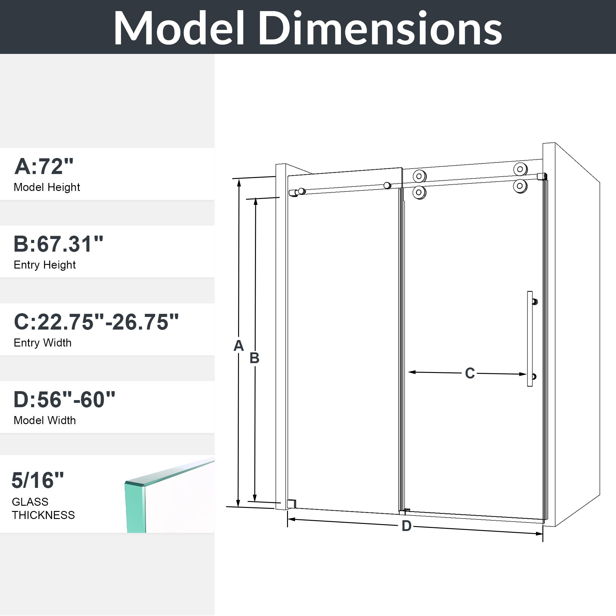 Frameless Single Sliding Shower Door With Clear Tempered Glass